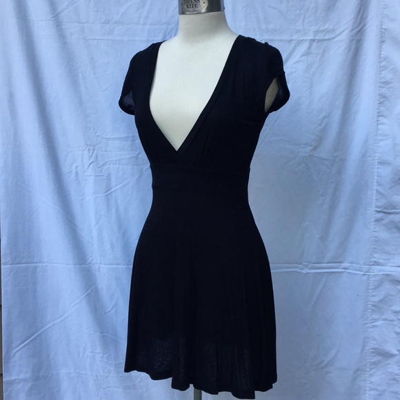 Black Deep Surplice Short Sleeve Dress - Picture 1 of 3